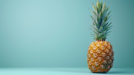 A single pineapple stands against a vibrant blue background, offering a tropical and refreshing aesthetic.