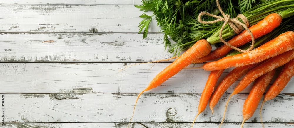 Fototapete fresh carrots arranged with rope on a white wooden table in a close up view with copy space image