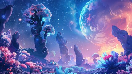 A stunning, colorful alien landscape with exotic flora, glowing trees, and a majestic planet in the starry night sky.