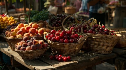 Fresh Cherries and Peaches in Baskets on Wooden Table.