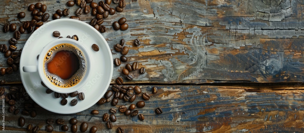 Poster a top view of a cup of coffee and coffee beans displayed on an antique kitchen table providing a cop