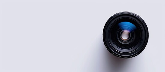 Top down view of a camera lens cap against a white backdrop with clipping path for easy removal perfect for a copy space image