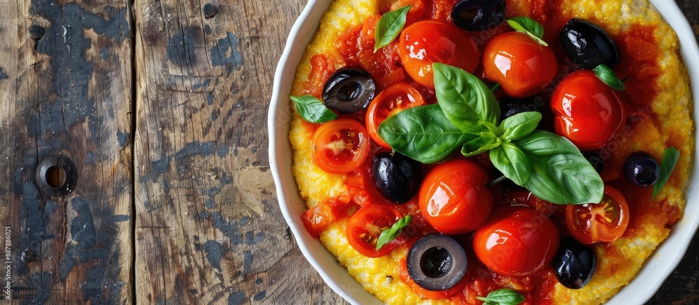 Poster delicious polenta appetizer topped with tomatoes and black olives viewed from the top with copy spac
