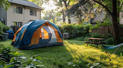 Backyard Camping with Tent in Suburban Area