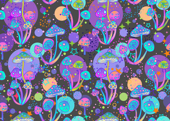 Naklejka premium Magic mushrooms and stars seamless pattern. Psychedelic hallucination. 60s hippie colorful art. Vintage psychedelic textile, fabric, wrapping, wallpaper. Vector repeating illustration.