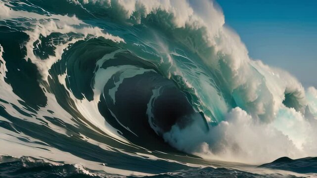 Video animation of massive wave at the moment it curls and prepares to break