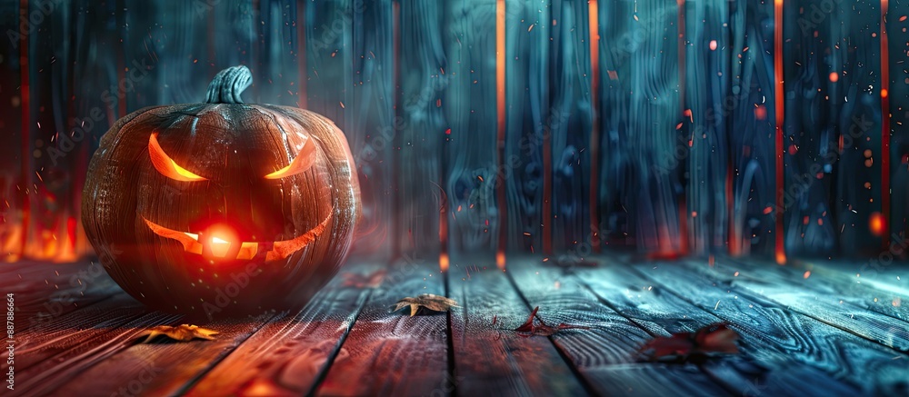 Poster close up of a halloween pumpkin decoration illuminated by a spotlight with a rim light effect agains