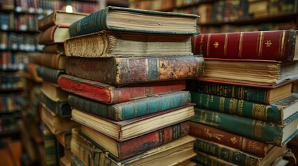 Fototapeta premium Stacks of Vintage Books in Library