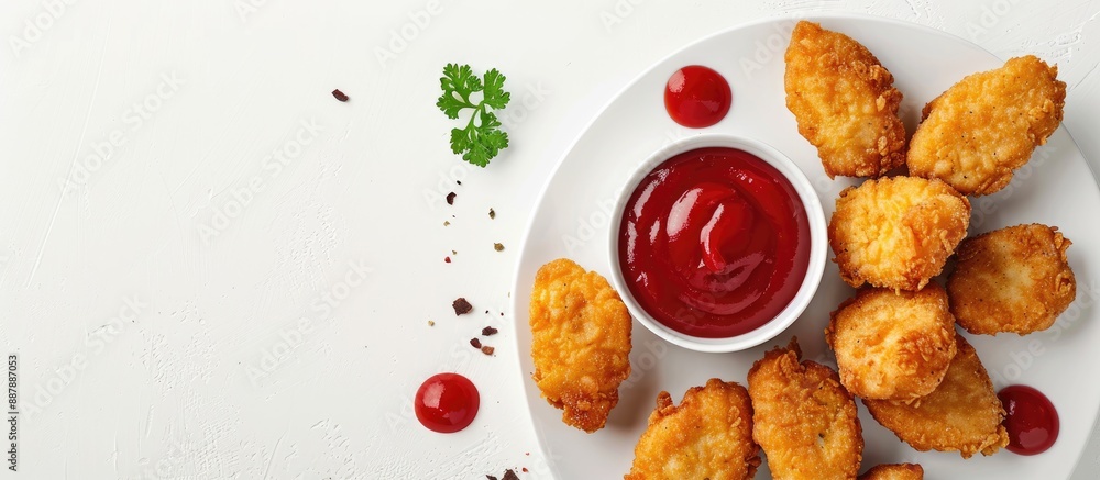 Poster Top down image of chicken nuggets with ketchup on a white table including copy space