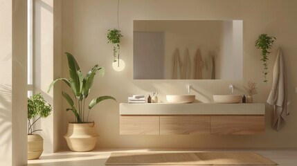 Fototapeta premium A bathroom with a large mirror and two sinks