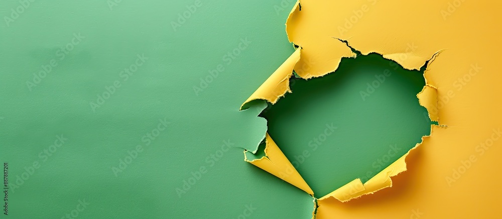 Poster Abstract green and yellow paper with a torn hole in the center background a flat lay design seen from above with available copy space image