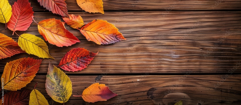 Leinwandbilder Colorful autumn leaves on a wooden background viewed from above with space for text in the image. with copy space image. Place for adding text or design