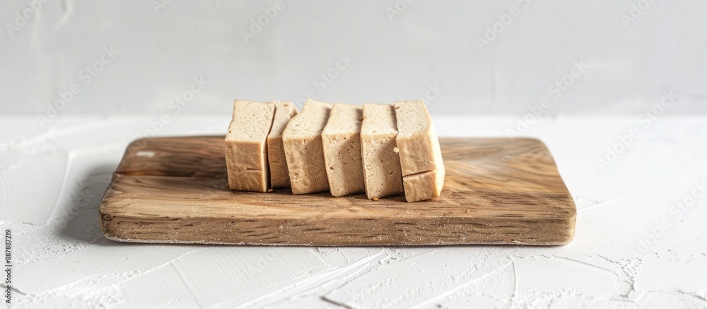 Leinwandbilder vegan food concept with sliced smoked tofu on white board against a white background creating a simp