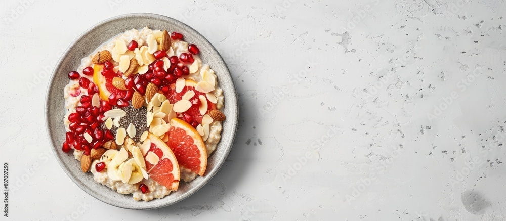 Poster Nutritious oatmeal plate topped with grapefruit pomegranate almonds and chia seeds Ideal for breakfast fitness and nutrition Displayed from above in a flat lay composition with copy space image
