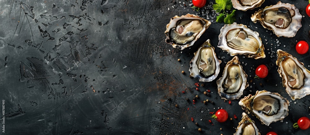 Leinwandbilder black table with fresh oysters arranged in a flat lay style offering ample copy space image