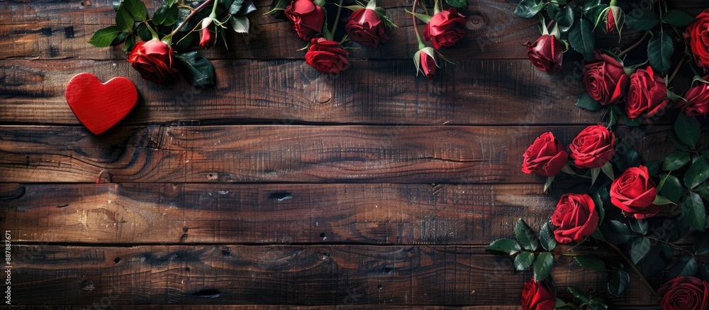 Poster a wooden board adorned with red roses and a heart with copy space image included