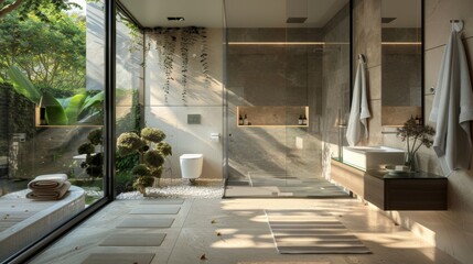 Fototapeta premium A bathroom with a toilet, sink, and shower