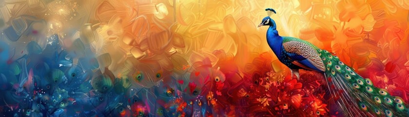 Fototapeta premium Vibrant digital art of a peacock amidst a colorful abstract background, showcasing the beauty and elegance of the bird in a modern artistic style.