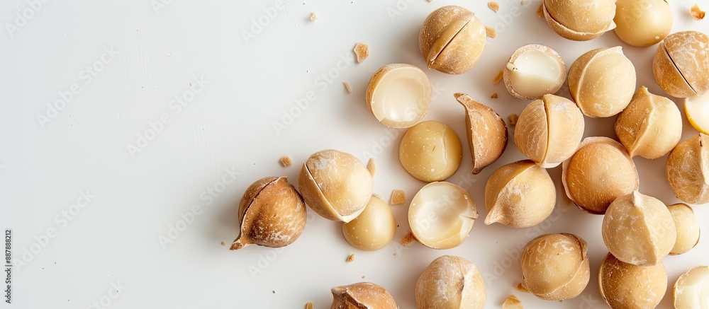 Fototapete Macro view of whole unpeeled macadamia nuts with shelled kernels on a white background offering copy space image highlighting their nutritional value as a protein source