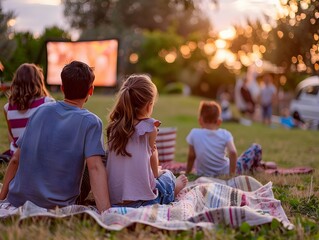 Magical Outdoor Cinema Experience at Summer Fair: Families Watching Movie under Starlit Sky