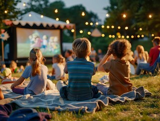 Magical Outdoor Cinema Experience at Summer Fair: Families Watching Movie Under Starlit Sky