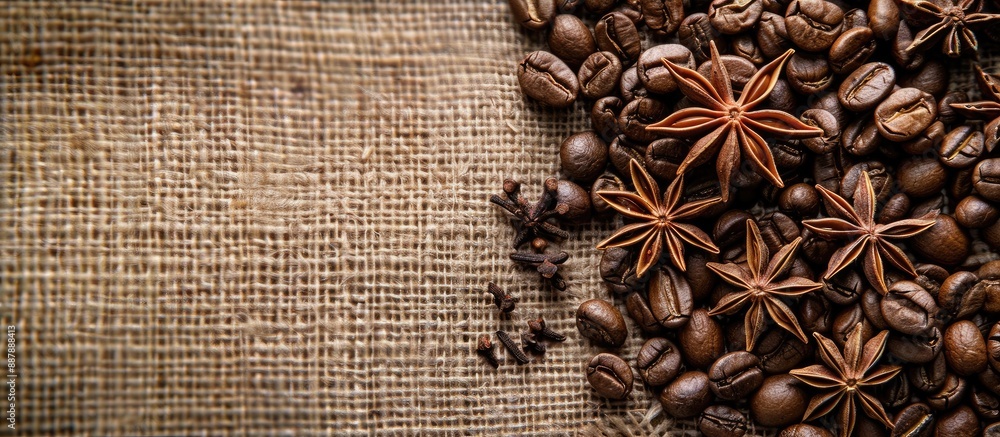 Poster copy space image of coffee and star anise on textured sackcloth background