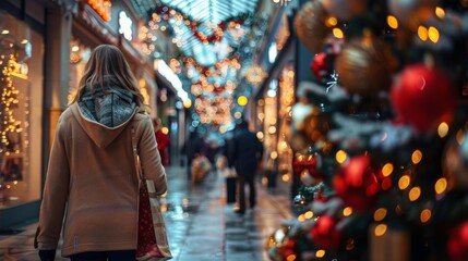 Obraz premium Festive Holiday Shopping in Decorated Mall