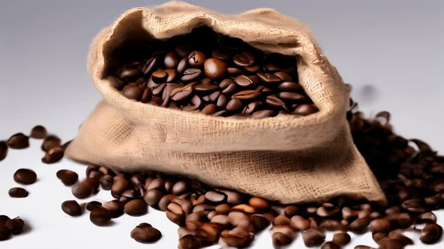  Freshly roasted coffee beans spill from a burlap sack