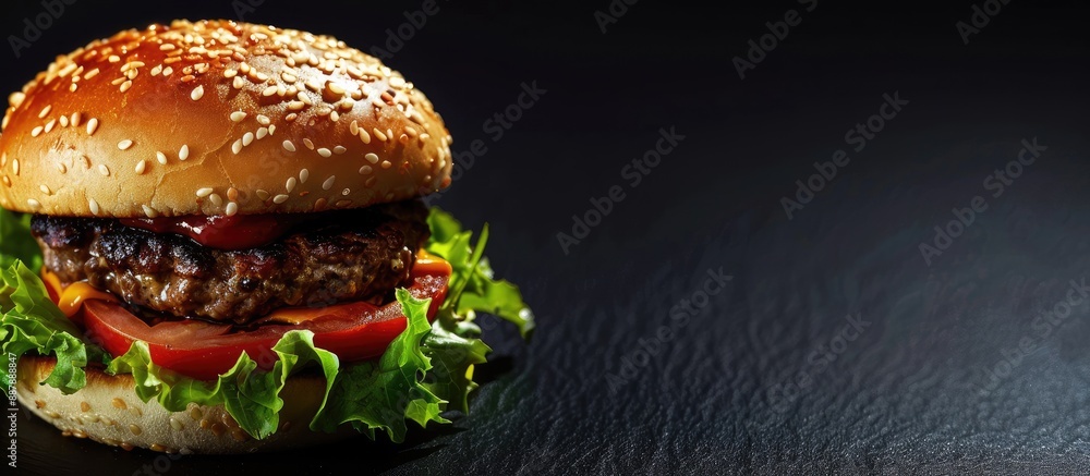 Poster gourmet hamburger displayed on a black background with available copy space image