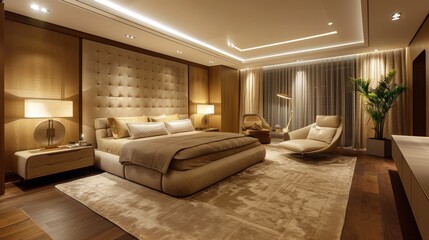 Fototapeta premium Luxurious Modern Bedroom with Warm Lighting