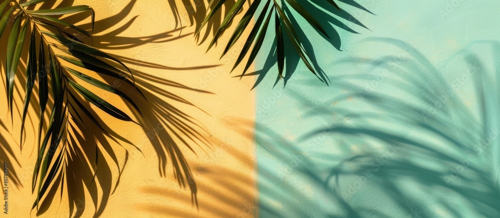 Poster summer themed copy space image with palm leaf casting shadows on a yellow and green backdrop