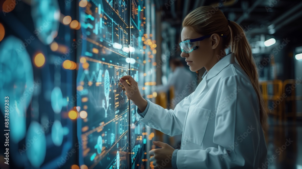 Poster scientist in protective eyewear works with digital screen, possibly teaming up with ai in modern lab