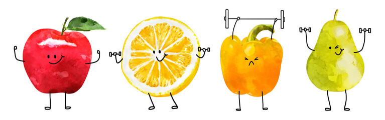 Watercolor of fruits and vegetables png cut out element set
