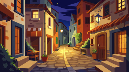 Illustration of a quiet cobbled street in a picturesque village at sunset, with warm lantern lights and illuminated house windows creating an atmosphere of calm