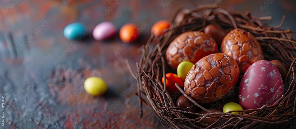 Aufkleber closeup view of delicious chocolate eggs with candies in a decorative nest perfect for a copy space 