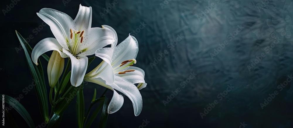 Poster A pair of white lilies set against a dark backdrop with copy space image