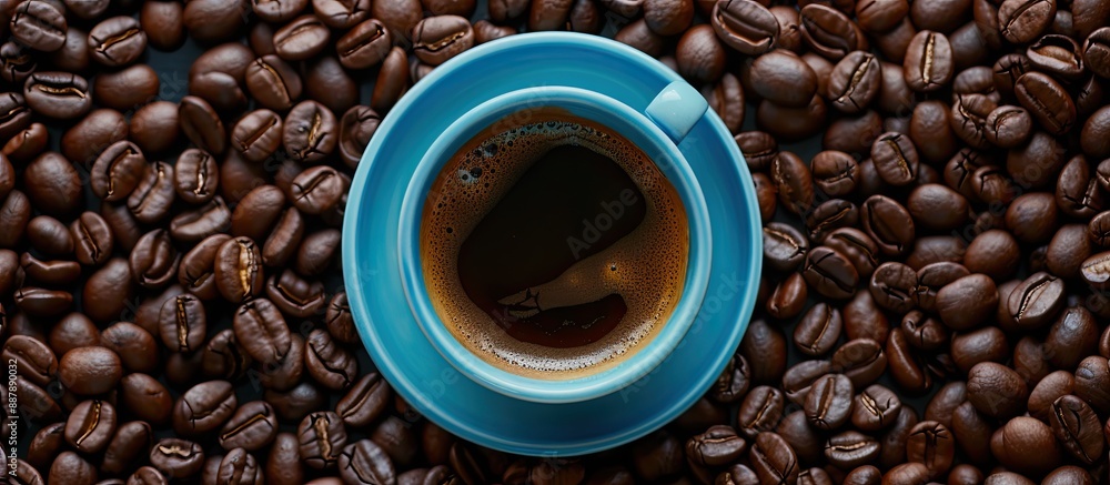 Aufkleber top down view of a black coffee filled blue cup set against a background of freshly roasted coffee b