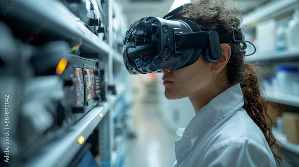 Poster a scientist in a lab setting wearing a virtual reality headset. the scientist is looking at somethin