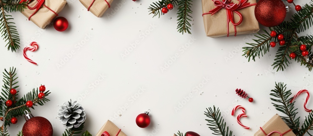 Poster Festive Christmas scene with presents fir tree branches and red ornaments on a white backdrop Captures the essence of the holiday season with a flat lay perspective and a top view emphasizing the cop