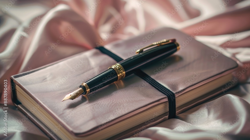 Aufkleber notebook with pen on silk creating a thoughtful blog ambiance
