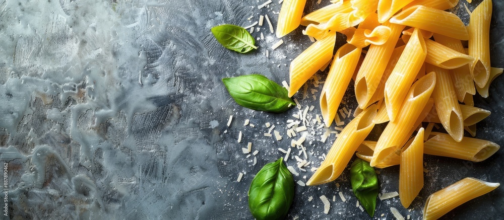 Fototapete uncooked pasta displayed on a rustic background with copy space image