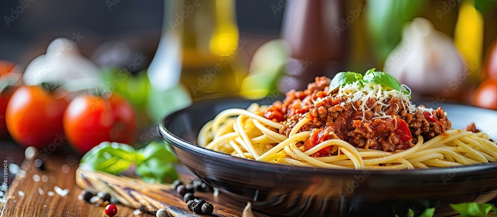 Poster savory minced beef and tomato sauce spaghetti bolognaise bolognese displayed on an office table for 