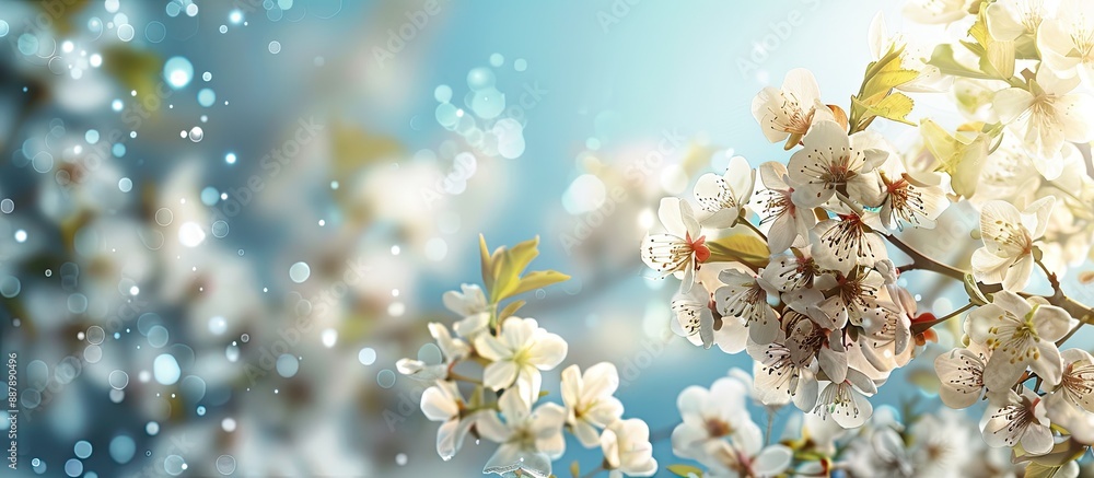 Fototapete Spring has arrived with blooming white blossoms against the morning sky creating a serene background ready for you to add a copy space image