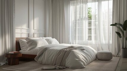 A bedroom with a white bed, white curtains, and a potted plant
