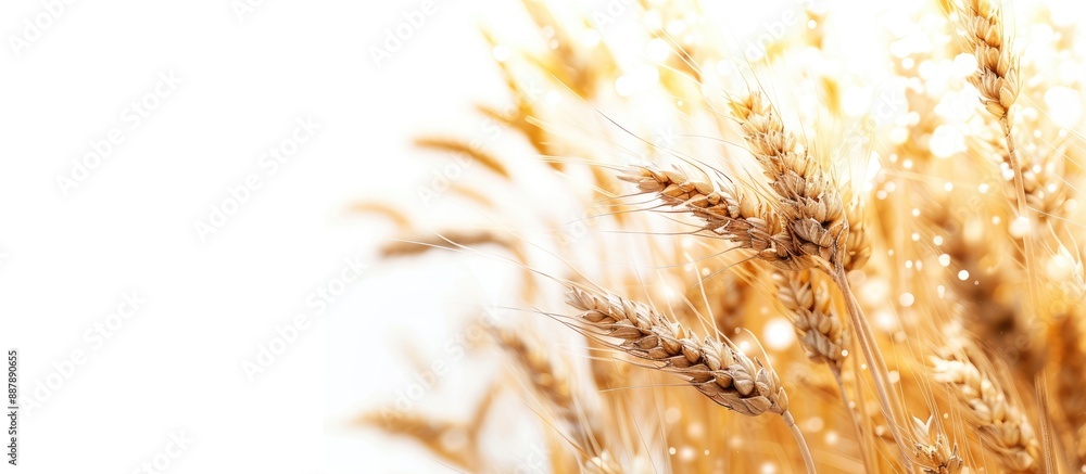 Poster ripe golden wheat ears on a white background with copy space image