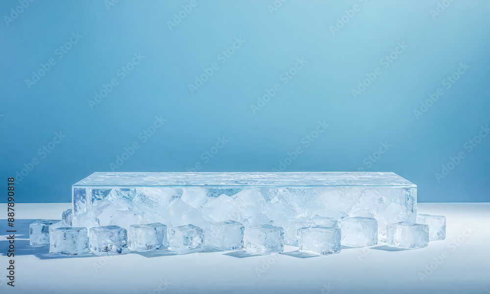 Aufkleber ice product presentation backdrop. transparent rectangular ice block cool blue backdrop surrounded v