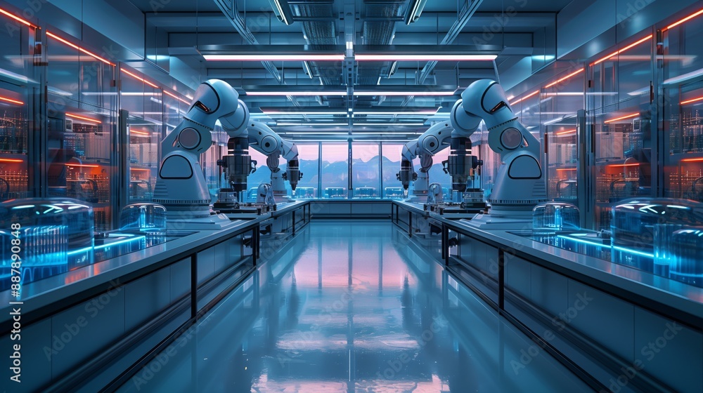 Poster two robotic arms are performing precise tasks in a high-tech lab. the lab is brightly lit with sleek