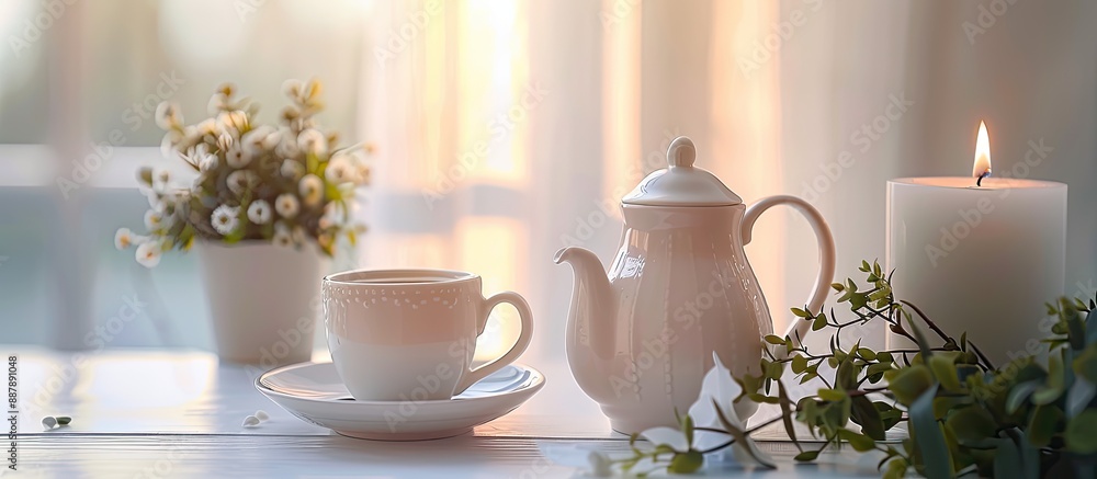 Poster a serene composition featuring a candle tea cup and teapot on a white table set against a light back