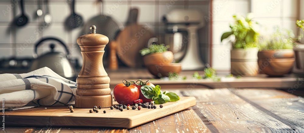 Aufkleber Table setting with a condiment mill a pepper shaker and tableware on a kitchen themed backdrop with copy space image