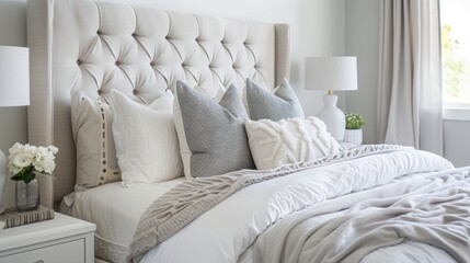 A white bed with a white comforter and pillows